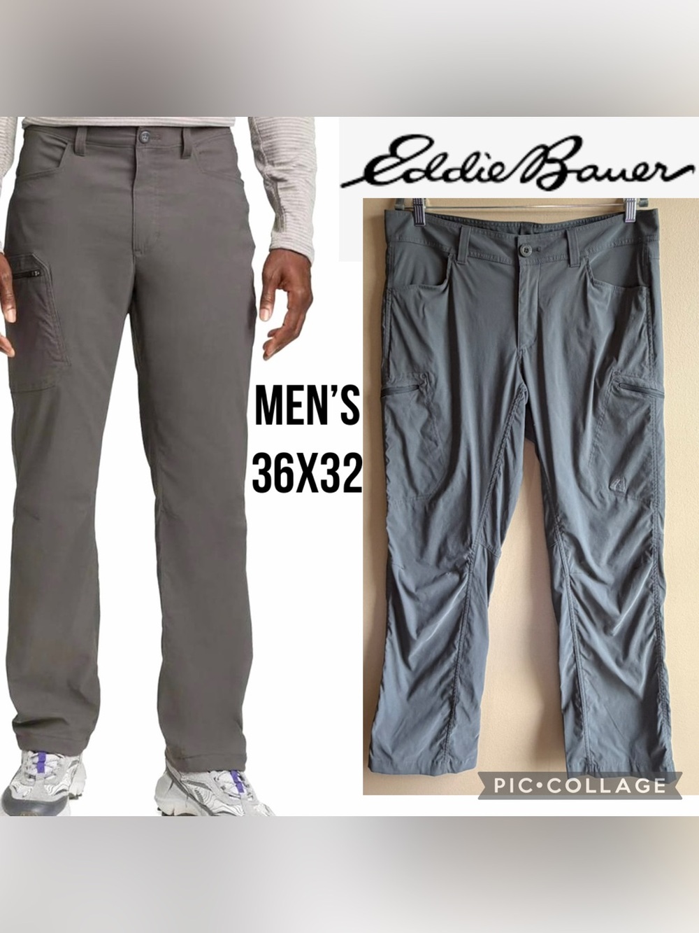 Eddie Bauer Mens Pants First Ascent Guide Pro Gray Hiking Trail Cargo 36 X 32